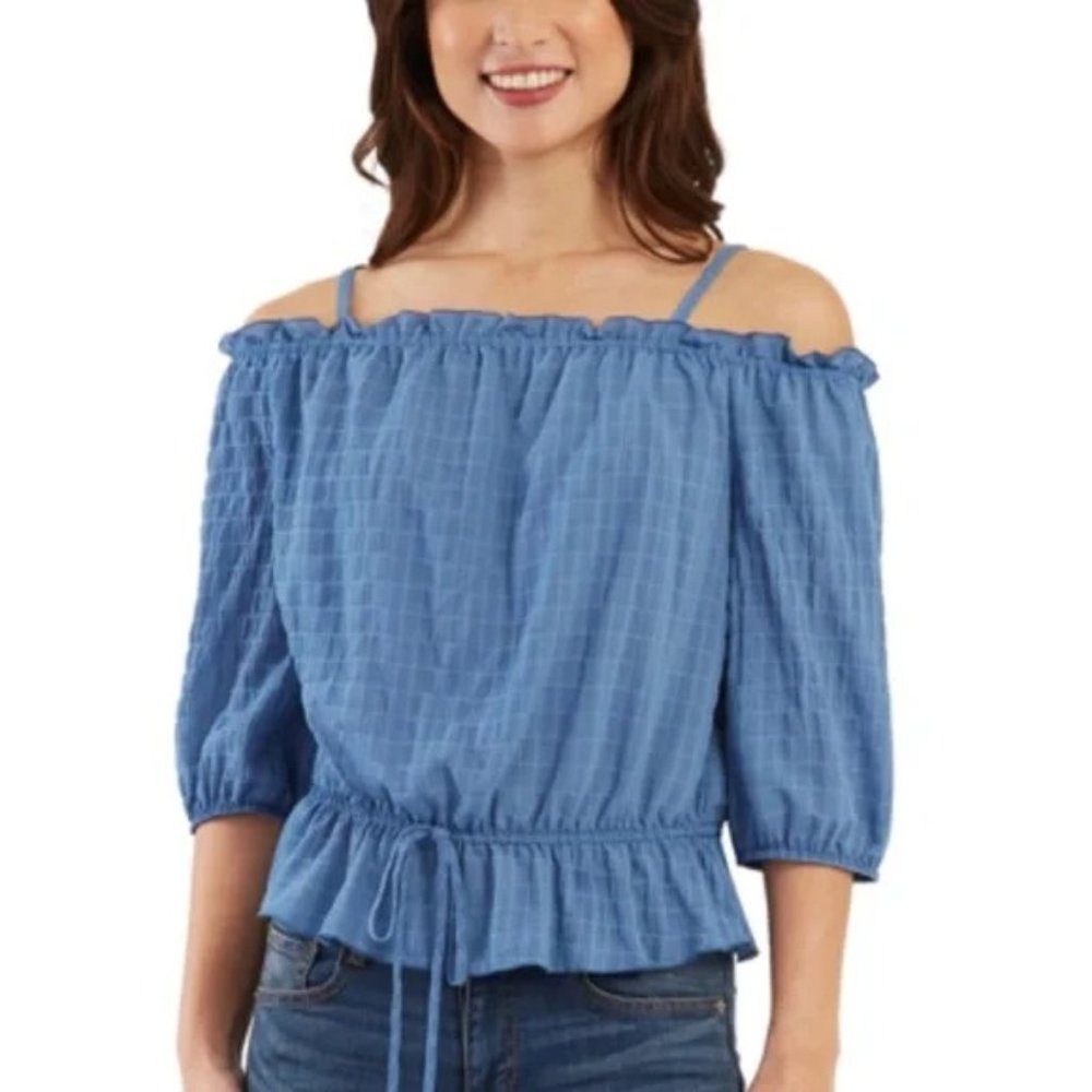 NWT: BCX Off the Shoulder Denim Blue Top - Picture 1 of 6